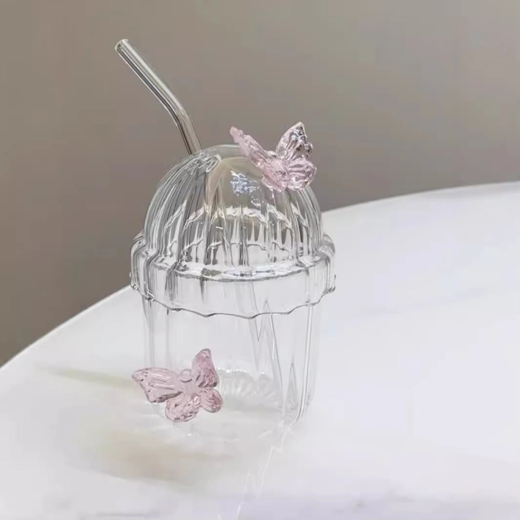 1PCS 400ML Drinking Glass Cup Set with Butterfly Design for Iced Coffee, Juice, Tea & Milk, Perfect Birthday and Holiday Gifts