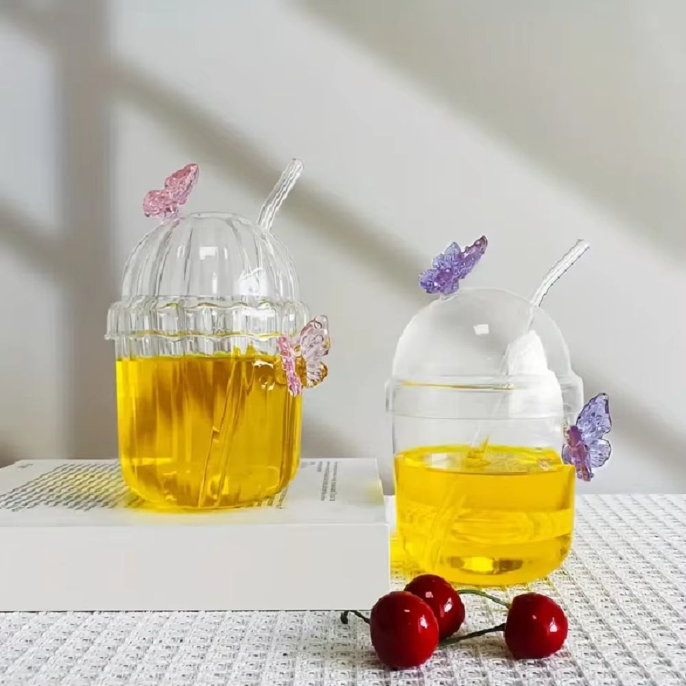 1PCS 400ML Drinking Glass Cup Set with Butterfly Design for Iced Coffee, Juice, Tea & Milk, Perfect Birthday and Holiday Gifts