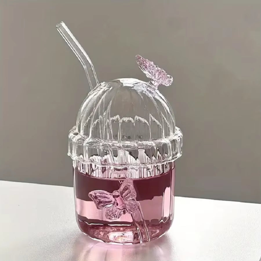 1PCS 400ML Drinking Glass Cup Set with Butterfly Design for Iced Coffee, Juice, Tea & Milk, Perfect Birthday and Holiday Gifts