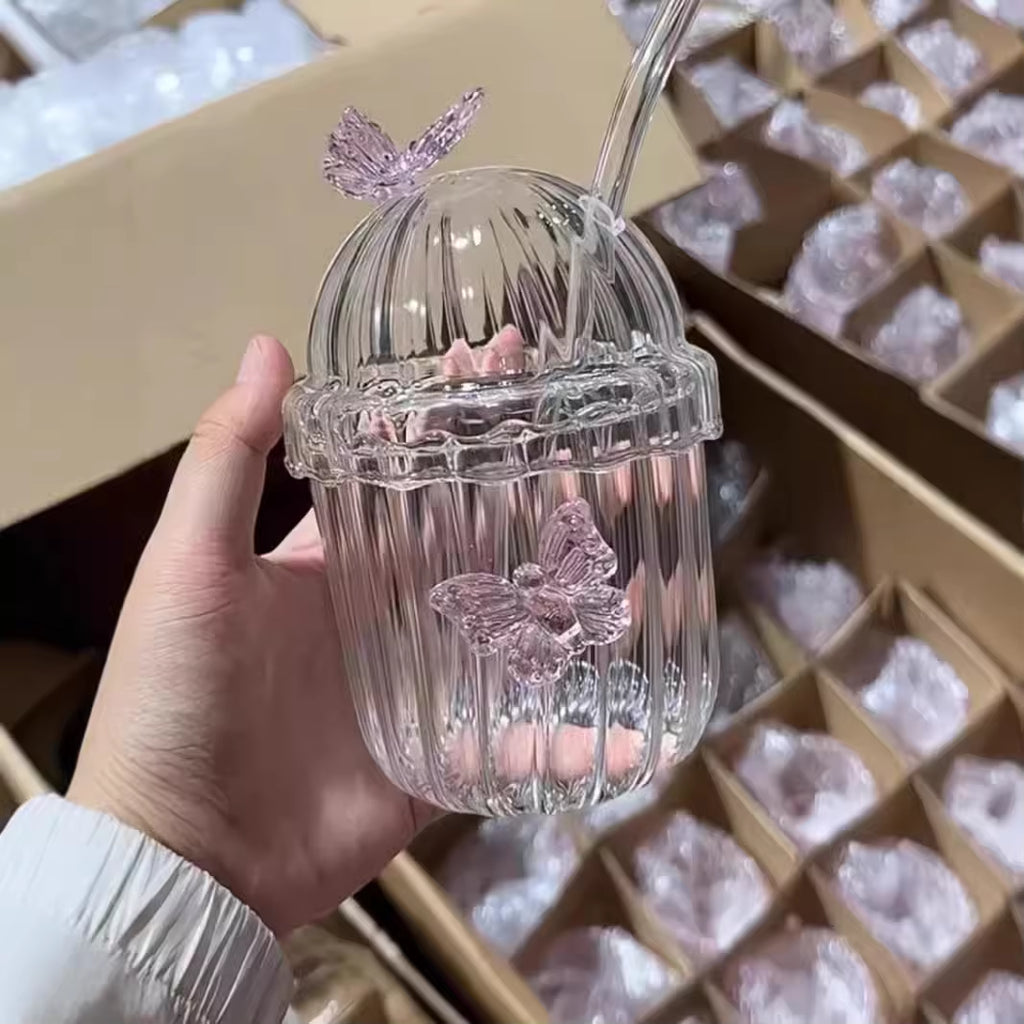 1PCS 400ML Drinking Glass Cup Set with Butterfly Design for Iced Coffee, Juice, Tea & Milk, Perfect Birthday and Holiday Gifts